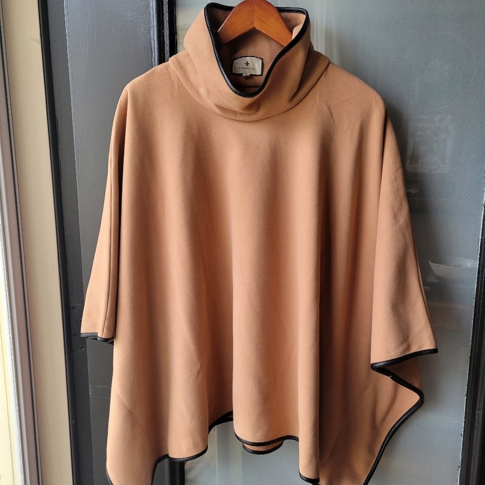 Tuckernuck Piper Poncho Camel color One Size Faux Leather Trim Funnel Neck - Picture 2 of 10
